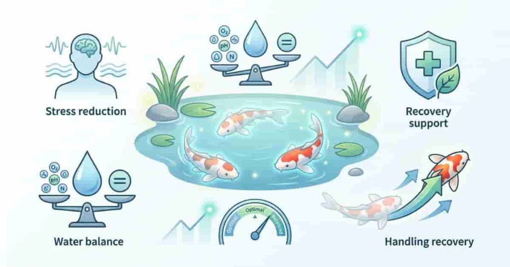 infographic showing benefits of pond salt for koi fish including stress reduction and water balance support