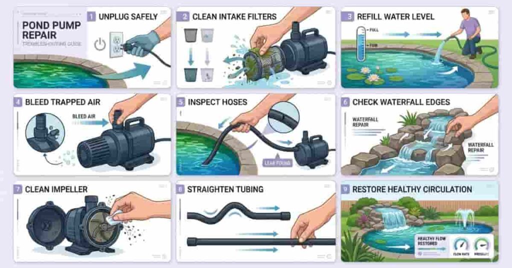 how to fix pond pump losing water flow and pressure step by step