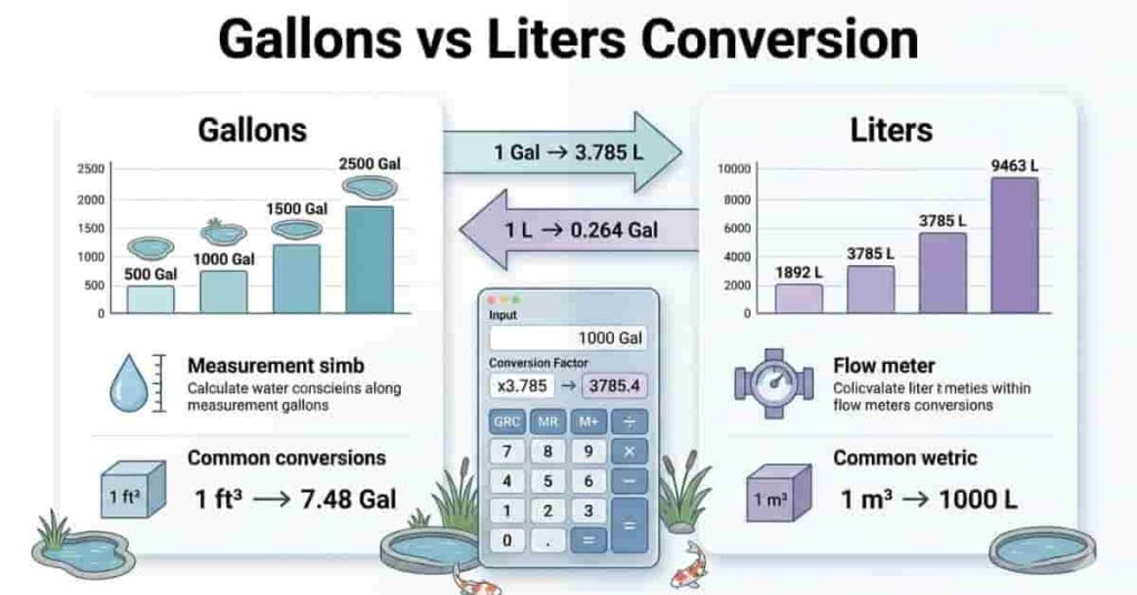 Gallons vs liters pond water conversion infographic for pond volume calculations