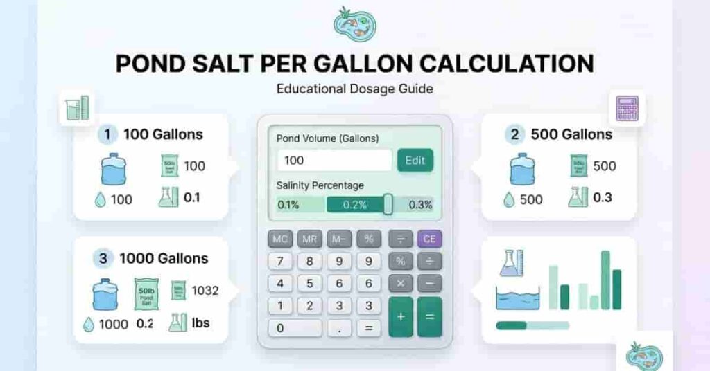 Pond salt per gallon calculator illustration showing dosage calculations for different pond sizes