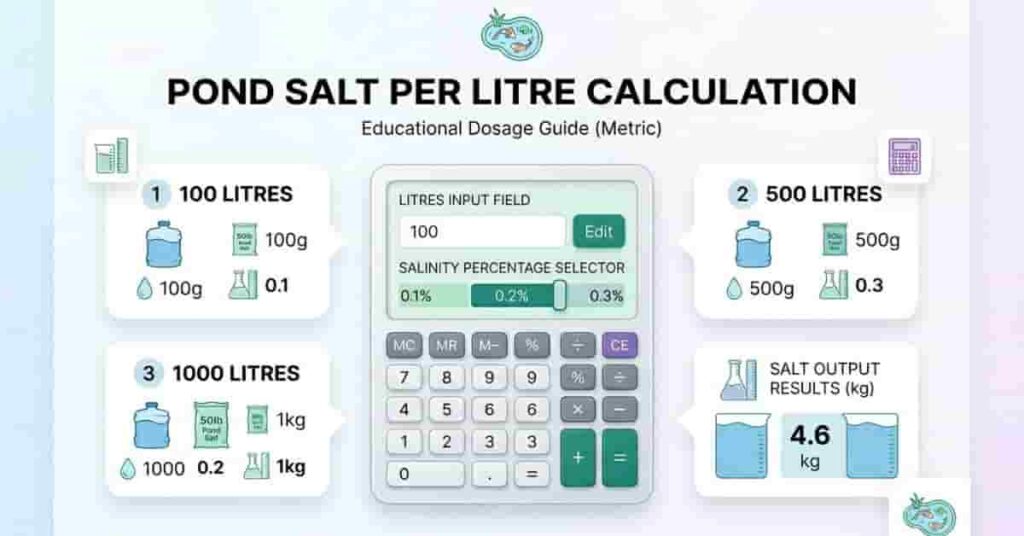 Pond salt per litre dosage calculator with metric pond volume and salinity calculations