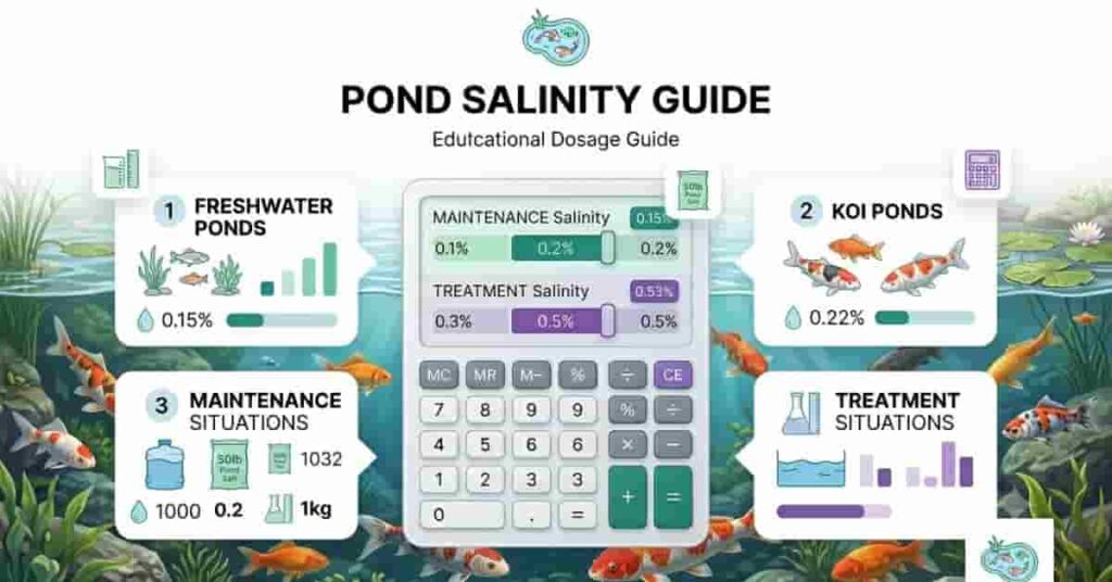 Fish pond salinity guide showing recommended salt levels for freshwater and koi ponds