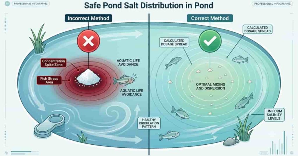 infographic showing correct and incorrect ways to add pond salt safely with even distribution