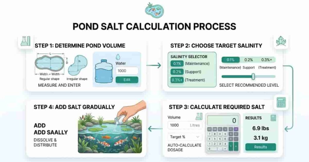 Step by step pond salt calculator process showing volume measurement and dosage calculation
