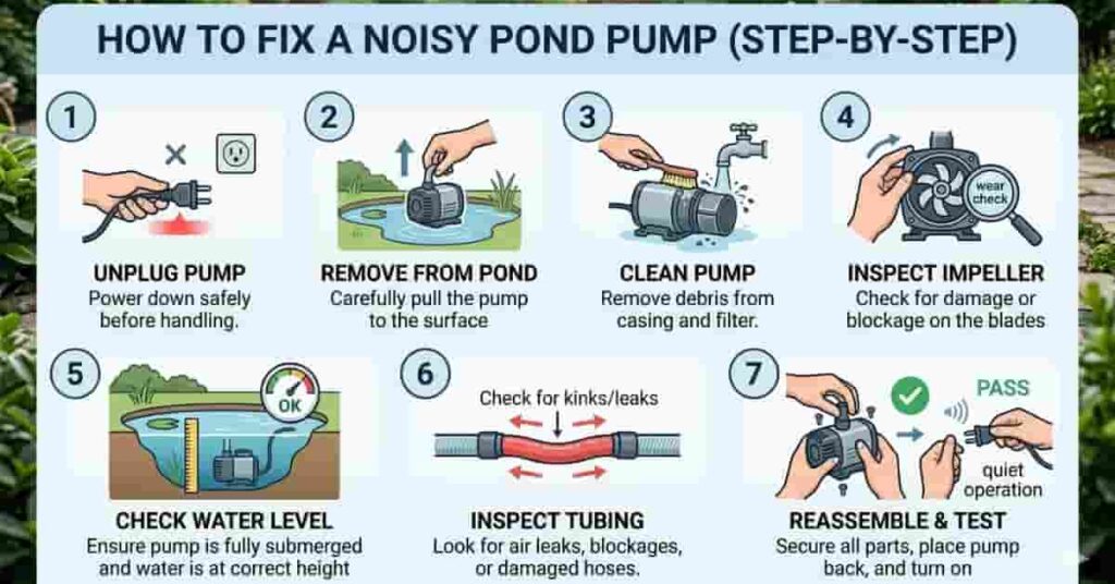 step by step infographic showing how to fix a noisy pond pump cleaning and inspection process