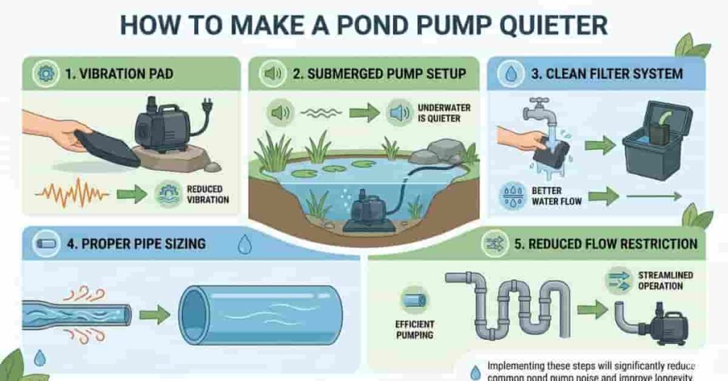 infographic showing ways to make pond pump quieter using vibration pads cleaning and proper setup