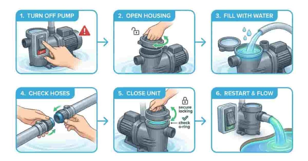 Step-by-step infographic showing how to prime a pond pump from shutdown to restored water flow