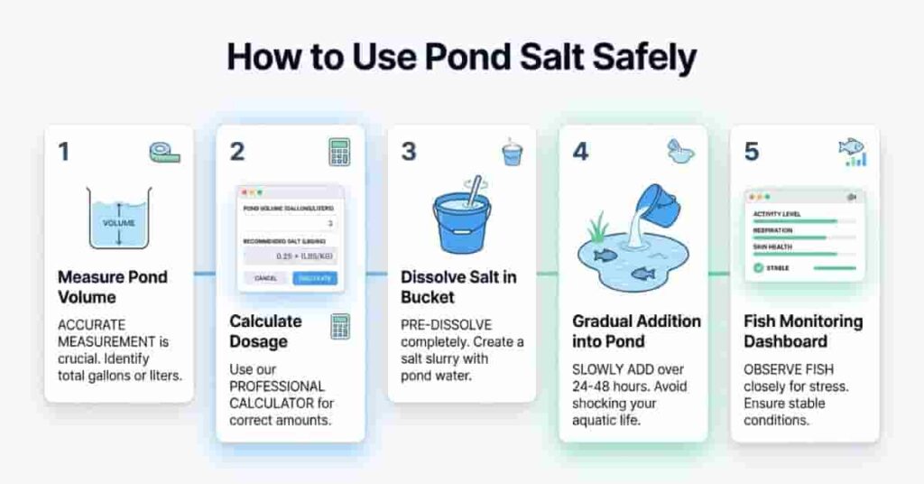 step-by-step infographic showing safe pond salt usage process with measurement and calculation steps
