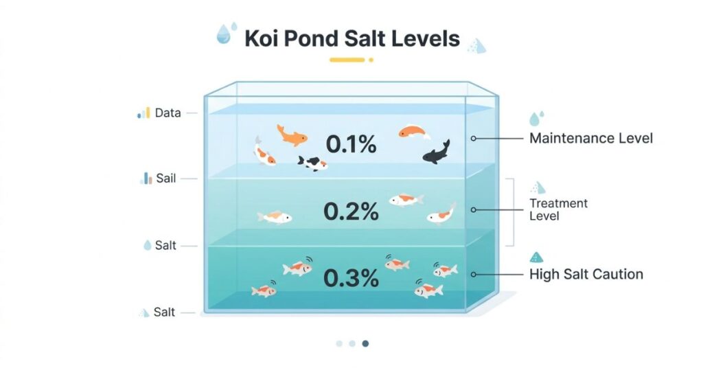 ideal koi pond salt level infographic showing 0.1% to 0.3% salinity zones for koi fish health and pond safety