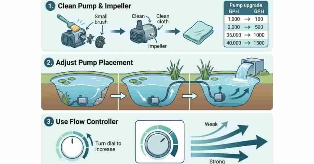 step by step guide showing how to increase pond pump water flow using cleaning placement and controller adjustments