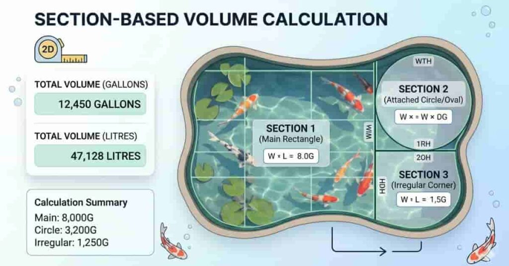 Irregular fish pond volume calculation showing section-based method with segmented pond diagram and total water volume