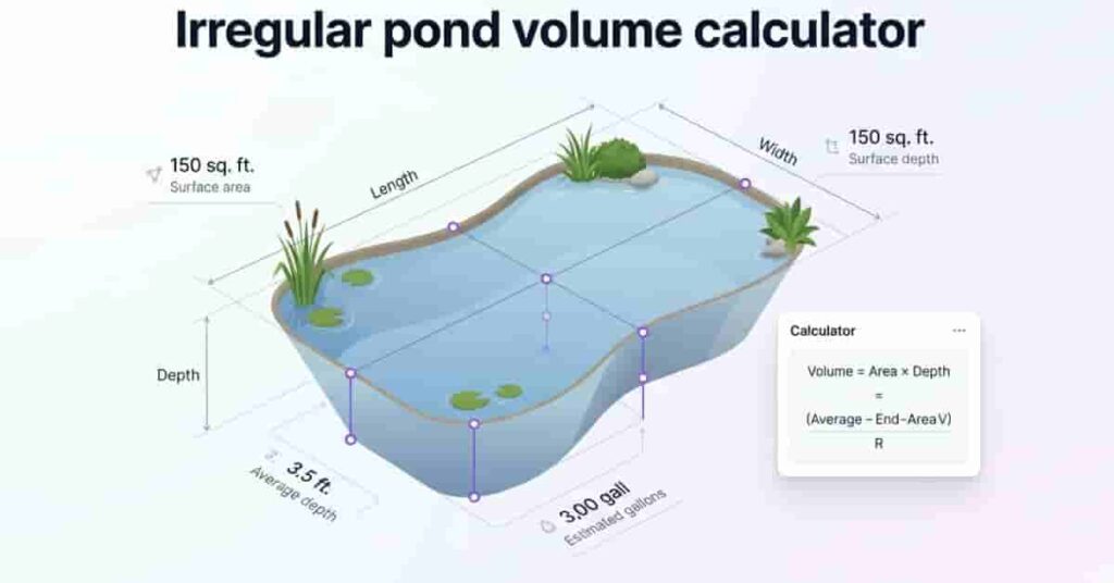 irregular pond volume calculator hero image showing sloped pond measurement with modern calculator interface and water volume estimation concept