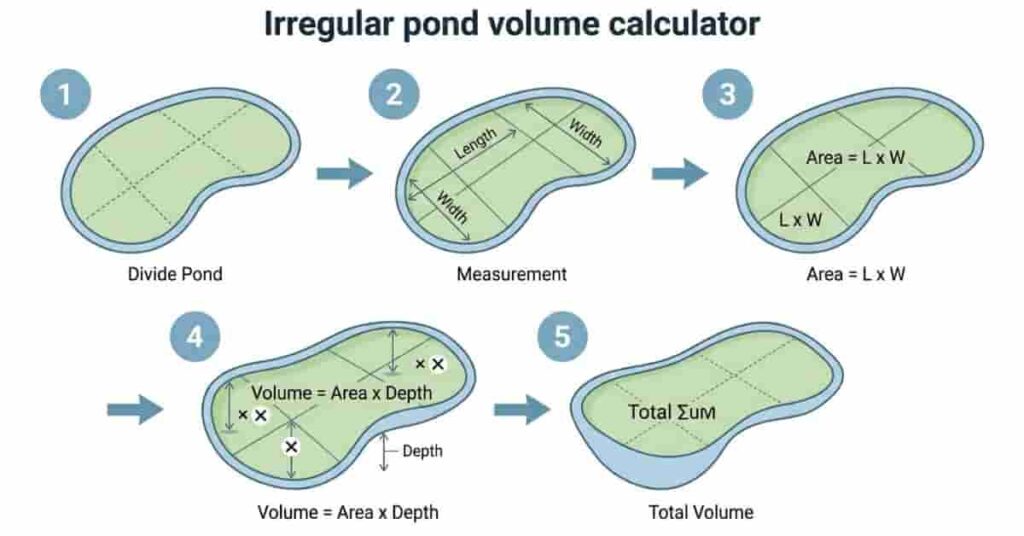step by step infographic showing irregular pond volume calculation process using section method