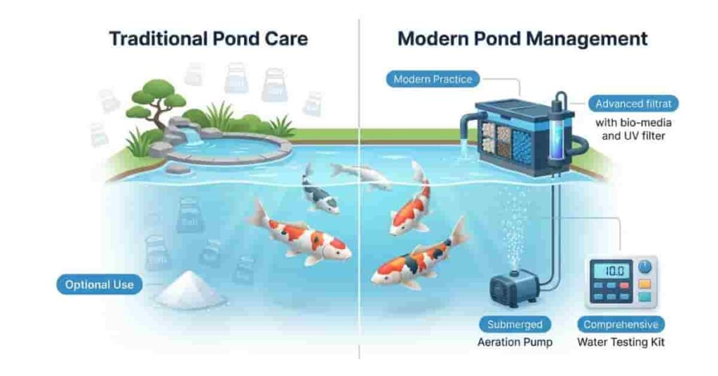 koi pond comparison showing traditional salt use versus modern pond management practices