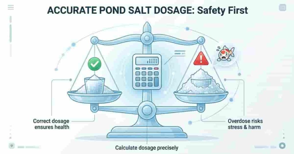 Safety infographic showing correct versus overdose pond salt usage and importance of accurate measurement