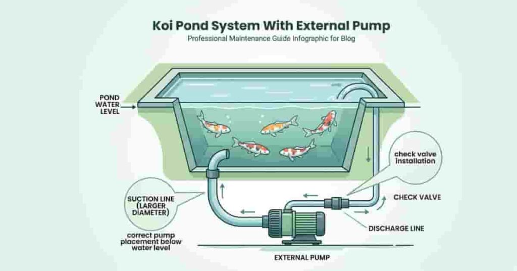Koi pond pump setup diagram showing correct priming tips including pipe size and pump placement
