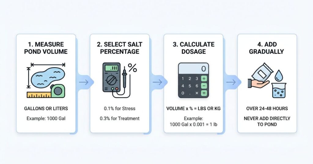 koi pond salt calculation steps showing how much salt to add based on pond volume and percentage