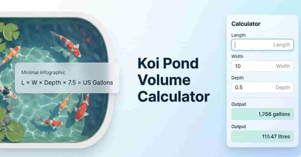 Beautiful koi pond with digital calculator interface showing pond volume calculation in gallons and litres for educational use