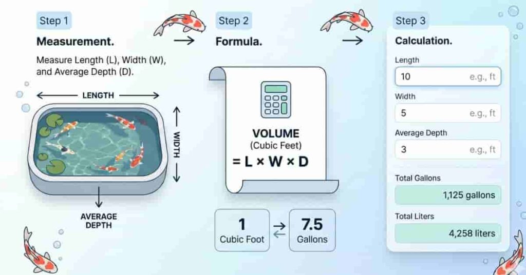 Step-by-step koi pond volume calculation diagram showing length, width, depth, and formula with calculator interface
