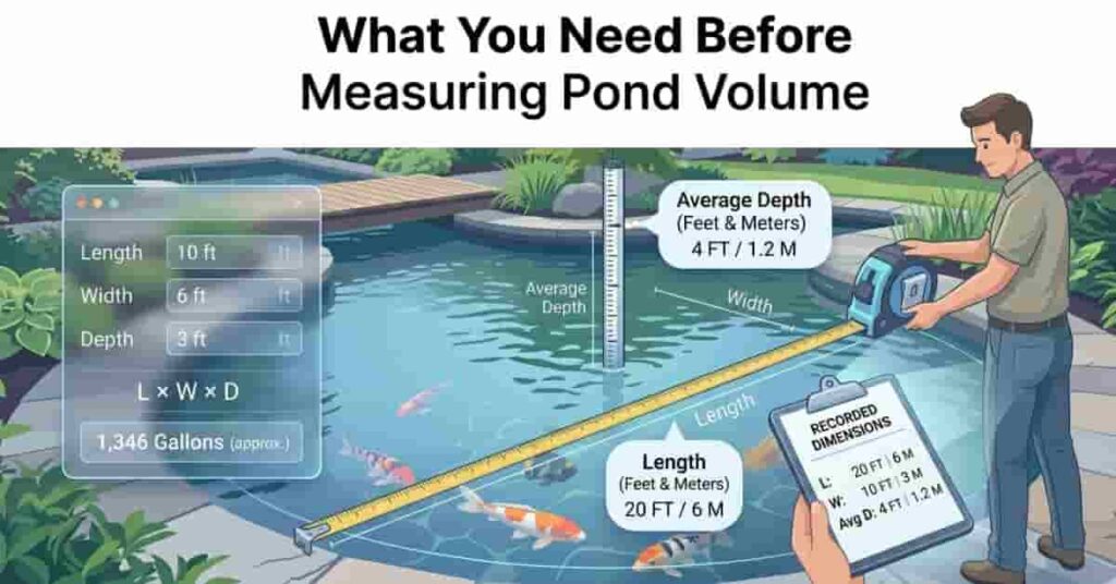 Measuring pond length width and depth before calculating fish pond volume