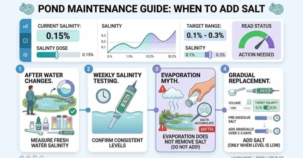 Common pond salt mistakes and correct pond salt application practices infographic