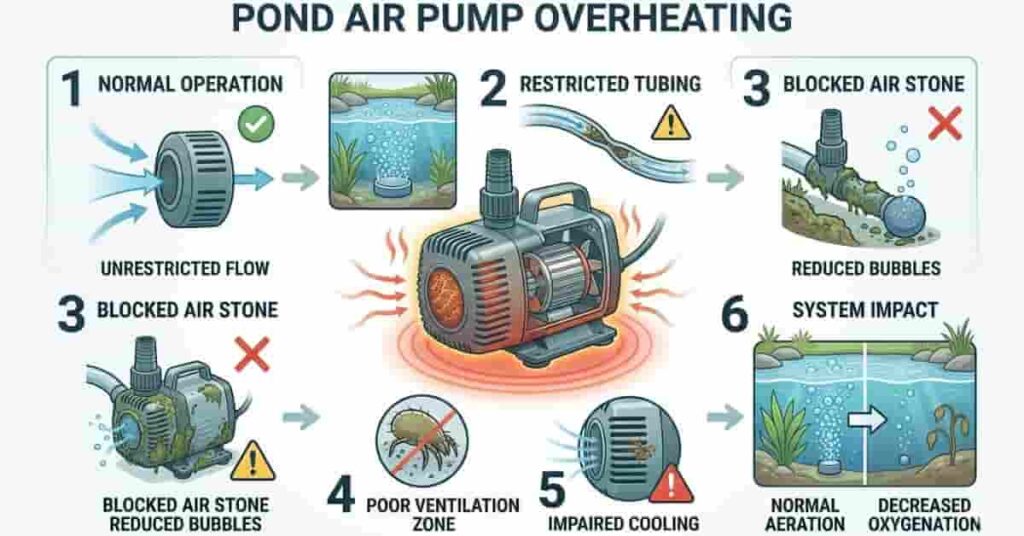 pond air pump overheating diagram showing airflow blockage and ventilation issues