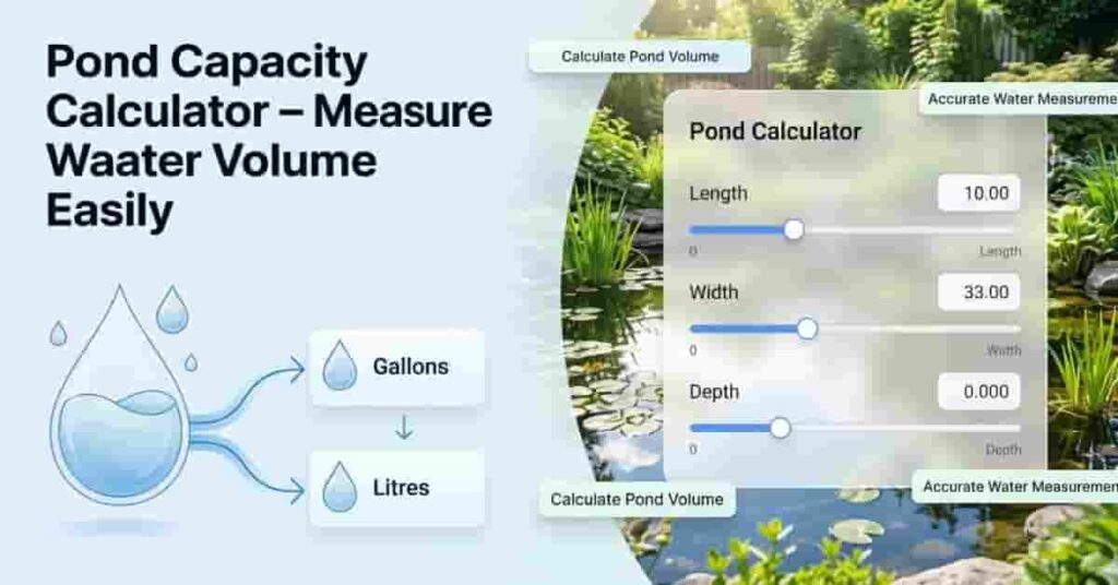 Professional pond capacity calculator interface showing water measurement and volume calculation in a modern garden pond setup