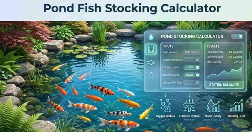 pond fish stocking calculator hero image showing koi pond with digital calculator interface and safe fish capacity planning