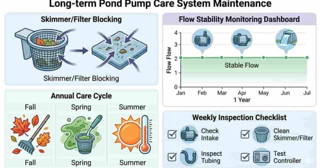 advanced maintenance infographic showing seasonal care and monitoring for stable pond pump water flow
