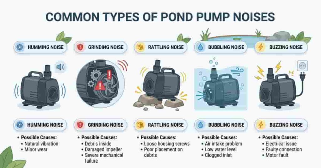 infographic showing common pond pump noises including humming grinding rattling bubbling and buzzing
