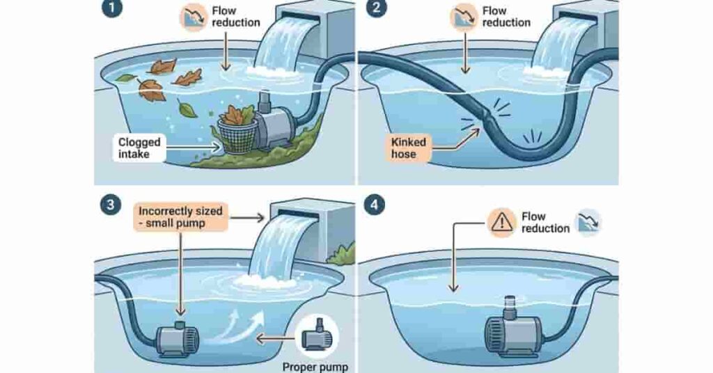infographic showing common causes of low pond pump water flow including blockages and installation issues