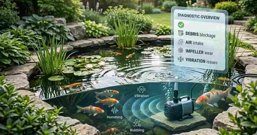 modern koi pond with submerged pond pump and noise diagnostic overlay showing causes of pond pump making noise