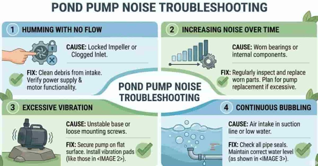 troubleshooting guide for pond pump noise issues including humming vibration and bubbling problems