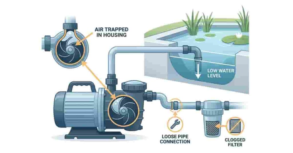 Diagram showing common causes of pond pump not priming including air leaks, clogs, and low water levels