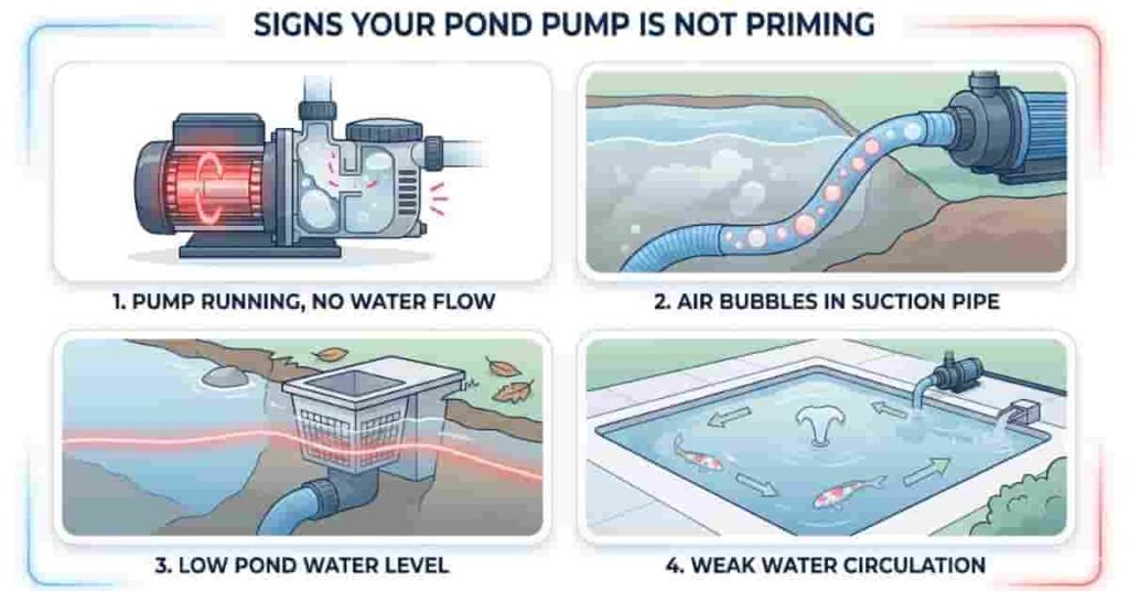 Visual guide showing signs of pond pump not priming including no flow, air bubbles, and low circulation