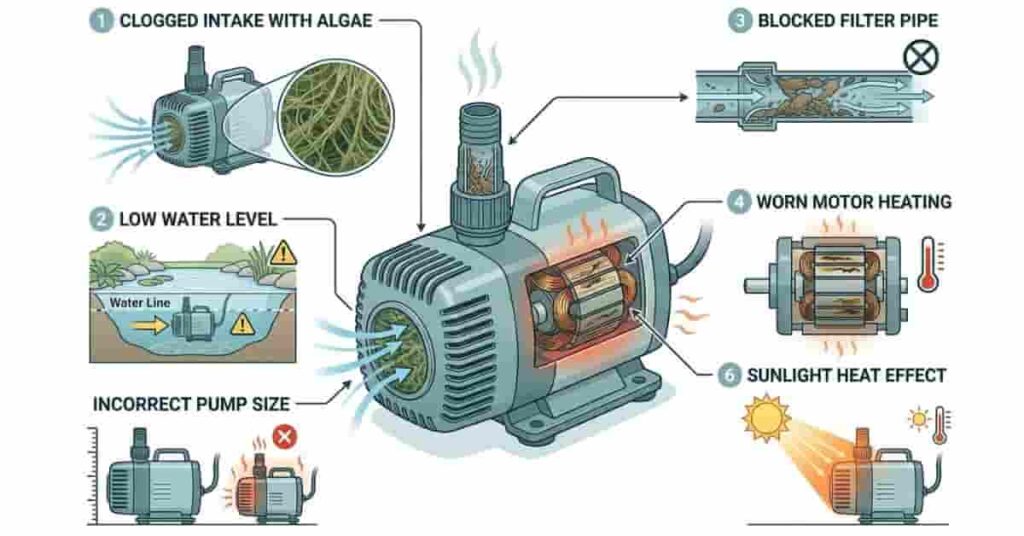 diagram showing causes of pond pump overheating including clogging low water and motor strain