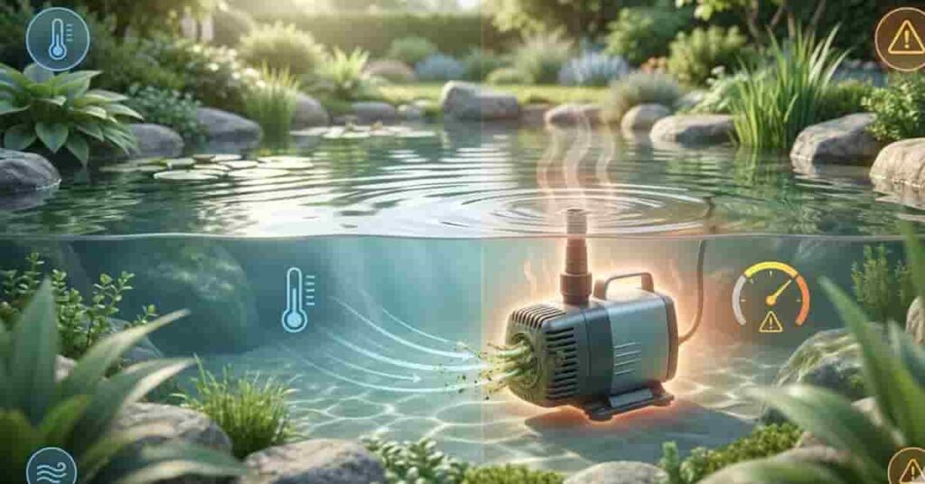 Hero image showing pond pump overheating concept with clean garden pond, water flow and warning heat effects