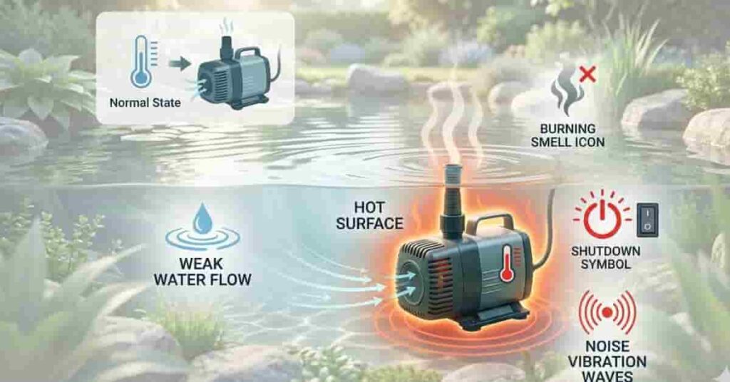 infographic showing signs of pond pump overheating including weak flow heat and shutdown warnings