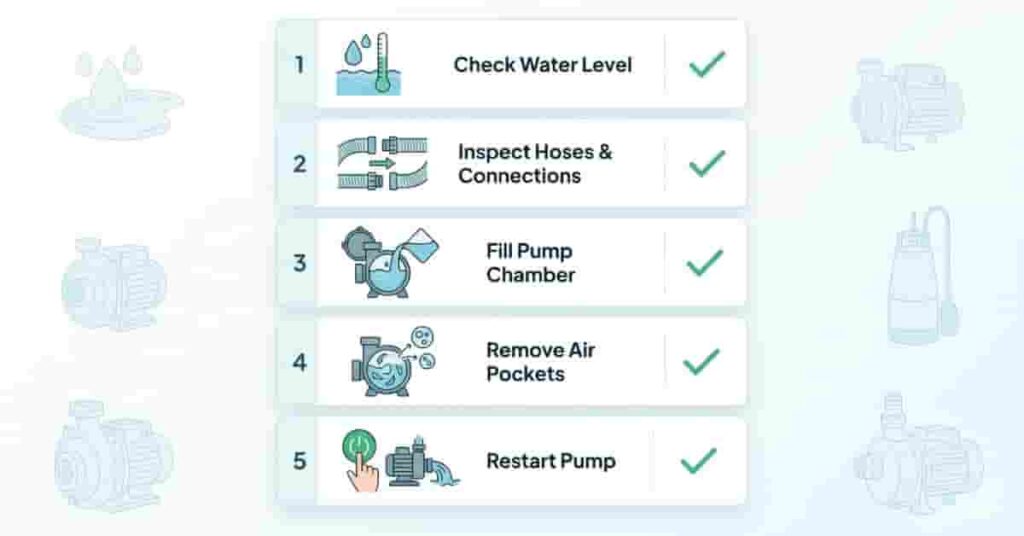 Troubleshooting checklist for pond pump not priming including water level, hoses, and restart steps