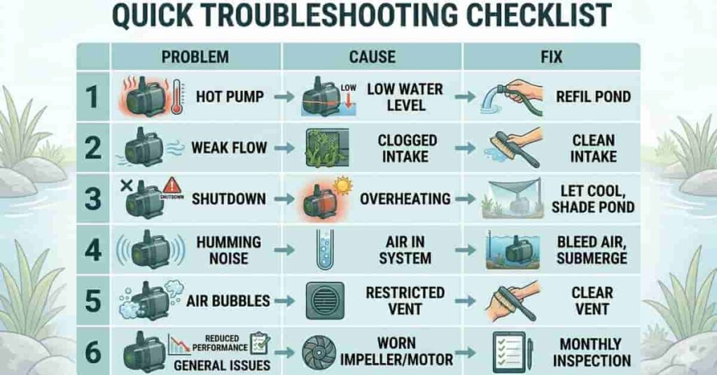 troubleshooting chart for pond pump overheating problems with quick fixes guide