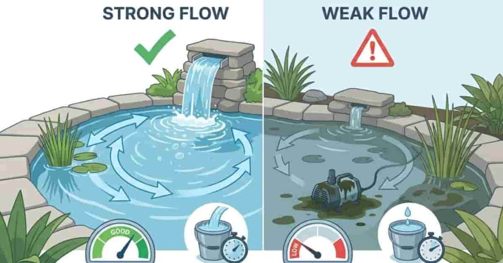comparison diagram showing proper vs weak pond pump water flow with circulation indicators