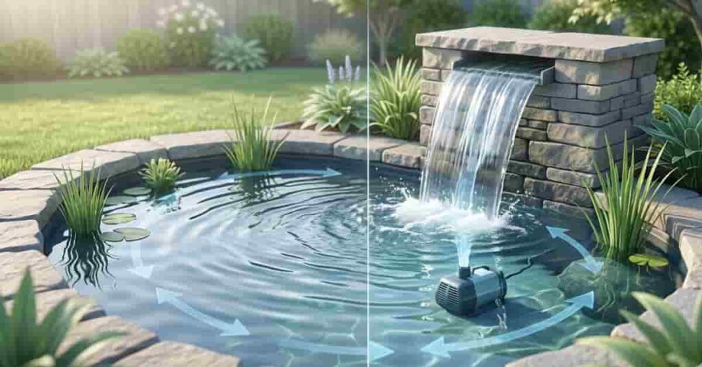 professional hero image showing optimized pond pump water flow with strong waterfall and circulation in a clean backyard pond