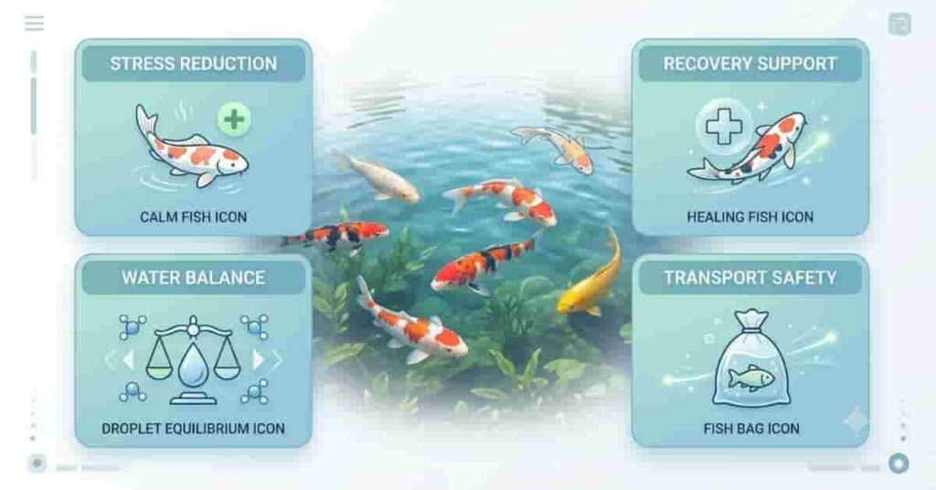 Visual dashboard showing key benefits of pond salt for fish stress, recovery, water balance, and transport safety
