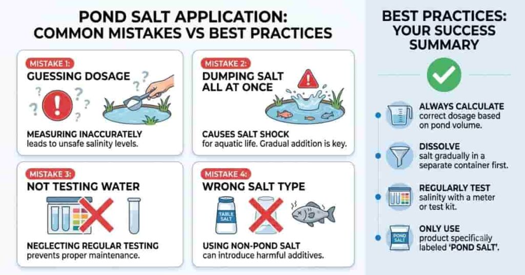 infographic showing common mistakes when using pond salt like guessing dosage and not testing water