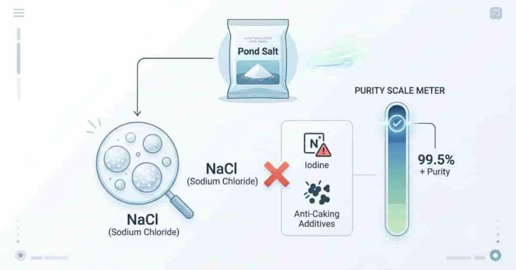 Scientific infographic showing pond salt composition of sodium chloride and high purity without additives