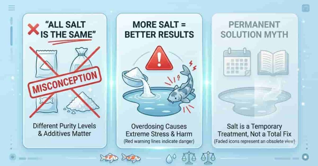 Infographic debunking common myths about pond salt usage and effectiveness in fish ponds