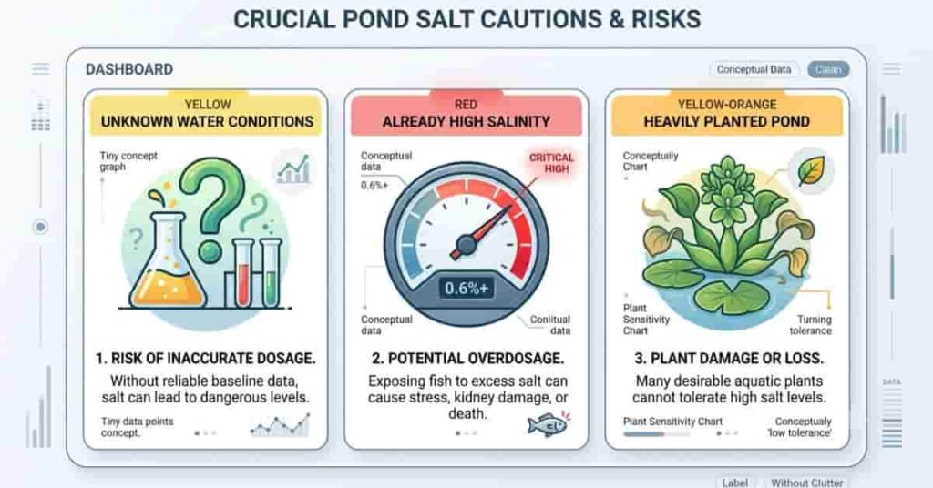 checklist infographic showing safety tips for using pond salt including gradual dosing and monitoring fish