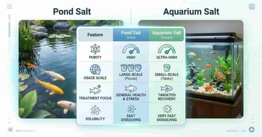 Comparison infographic showing differences between pond salt and aquarium salt in ponds and aquariums