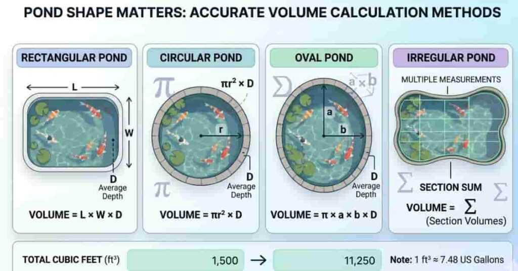 Pond shape comparison chart showing formulas for rectangular, circular, oval, and irregular pond volume calculations