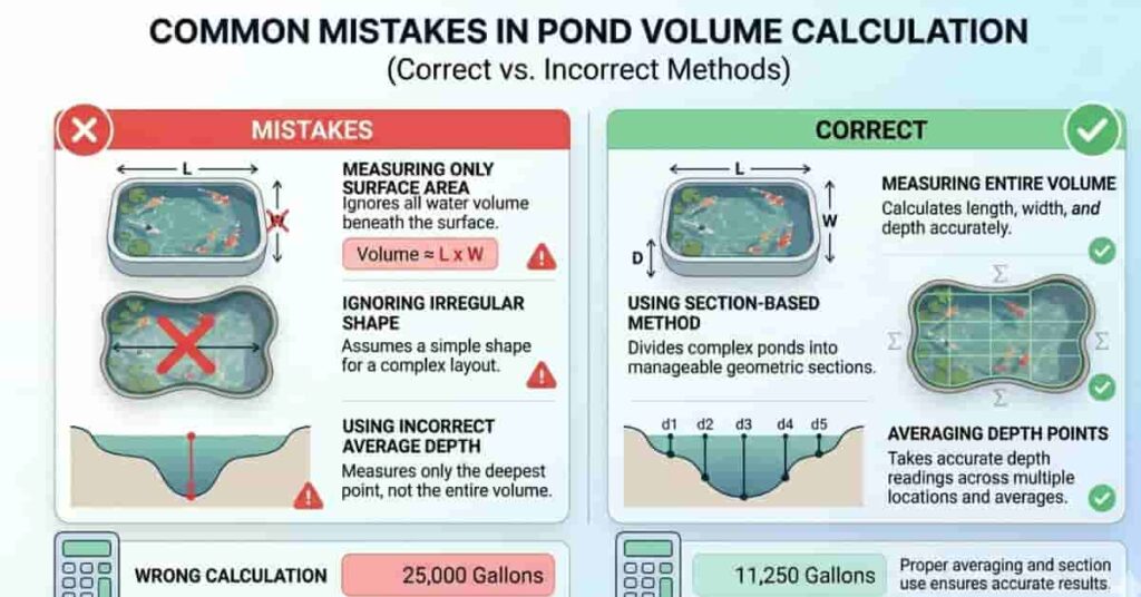 Common pond volume calculation mistakes comparison showing incorrect surface measurement vs correct depth-based calculation